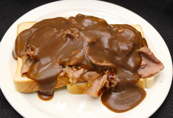 Delicious open-face roast beef sandwich with gravy from Mrs Marty's Deli in Broomall, PA